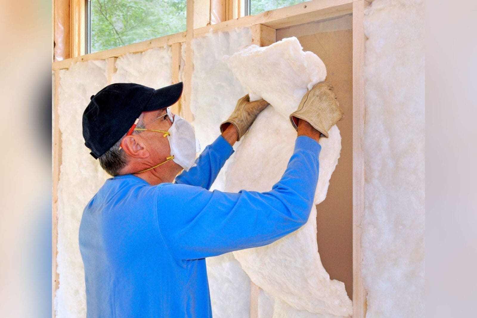 A person wearing a black cap and blue long sleeve shirt repairing a wall